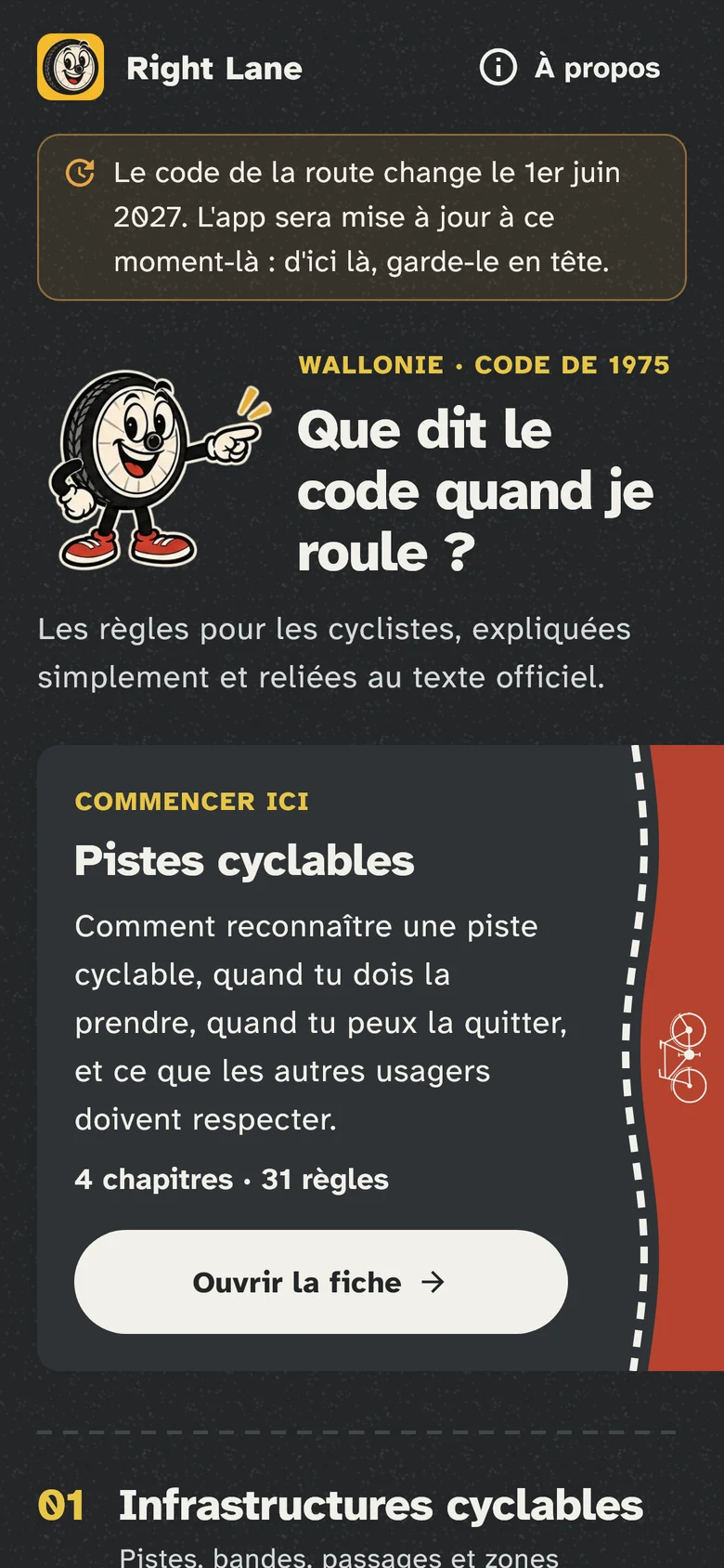 L'accueil de l'app Right Lane : « Que dit le code quand je roule ? » et la fiche Pistes cyclables.