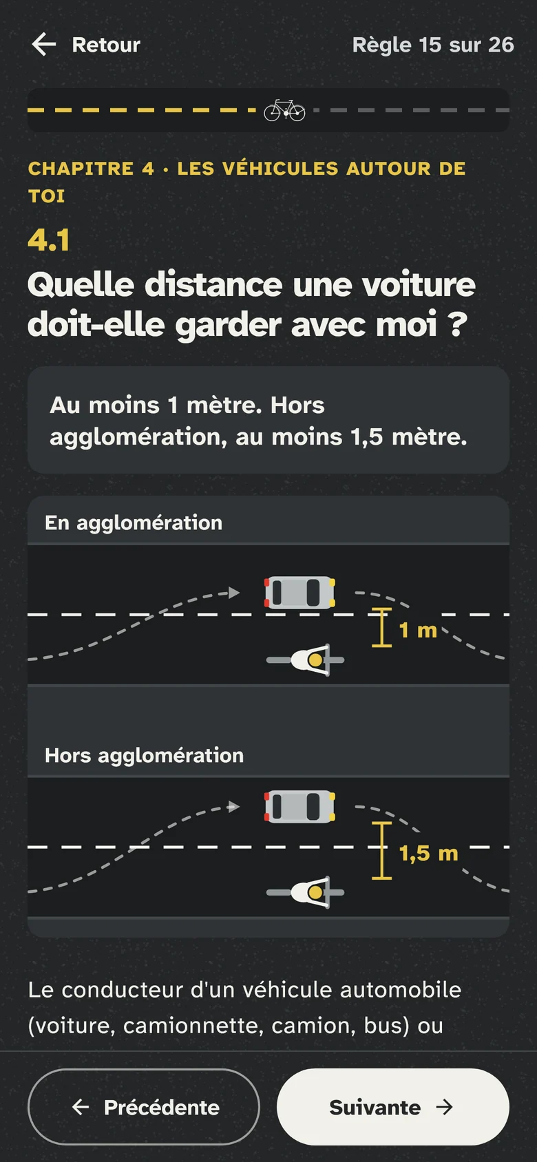 Écran de la règle sur la distance de dépassement : deux schémas, 1 mètre en agglomération et 1,5 mètre hors agglomération.